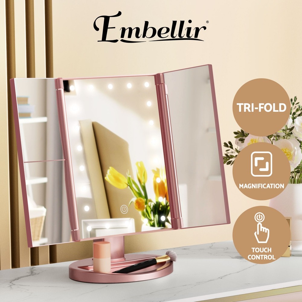 Embellir Tri-fold Makeup Mirror 22 Touch 1X/2X/3X Magnifications Portable Rose