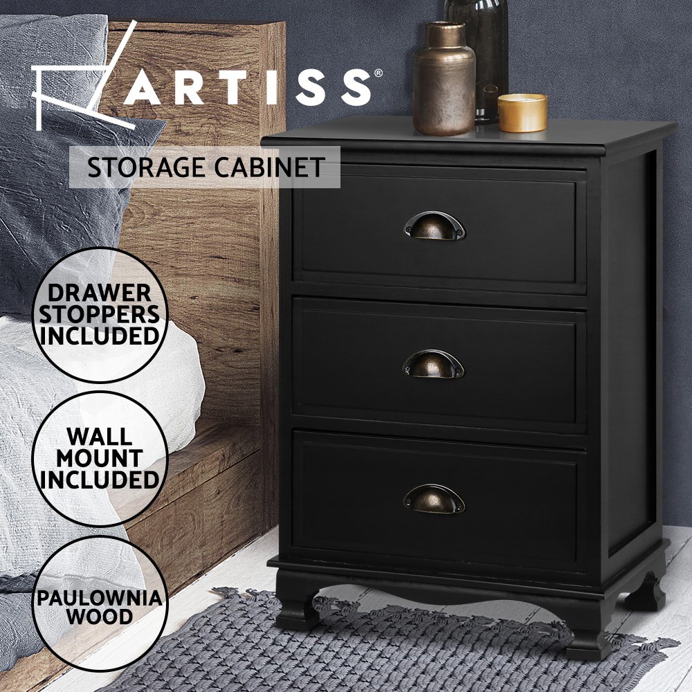 Artiss Storage Cabinet Bedside Table 3 Drawers Black Paulownia Fully Assembled