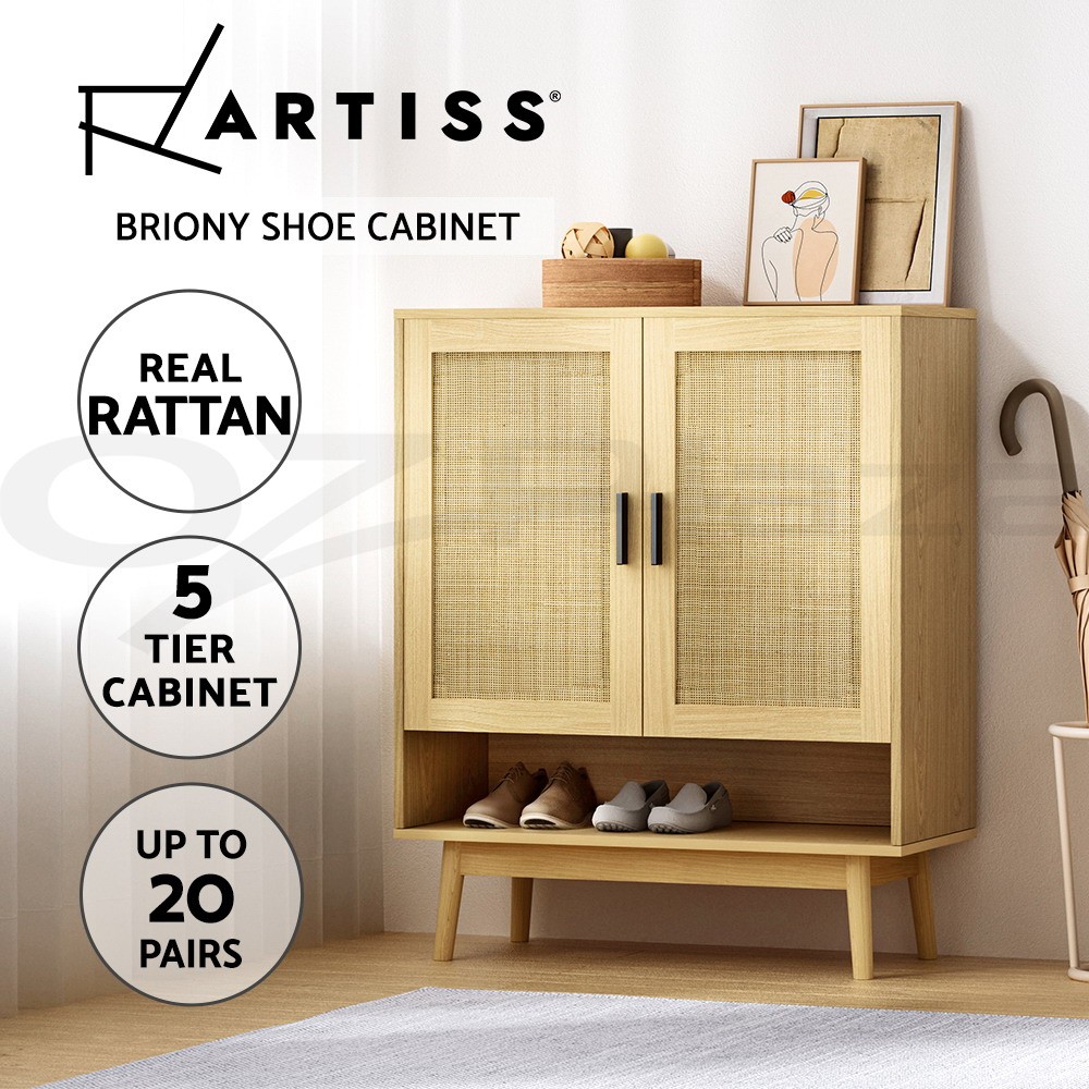 Artiss Rattan Shoe Cabinet Organiser 16-20 Pairs 80cm 35cm 98cm Oak