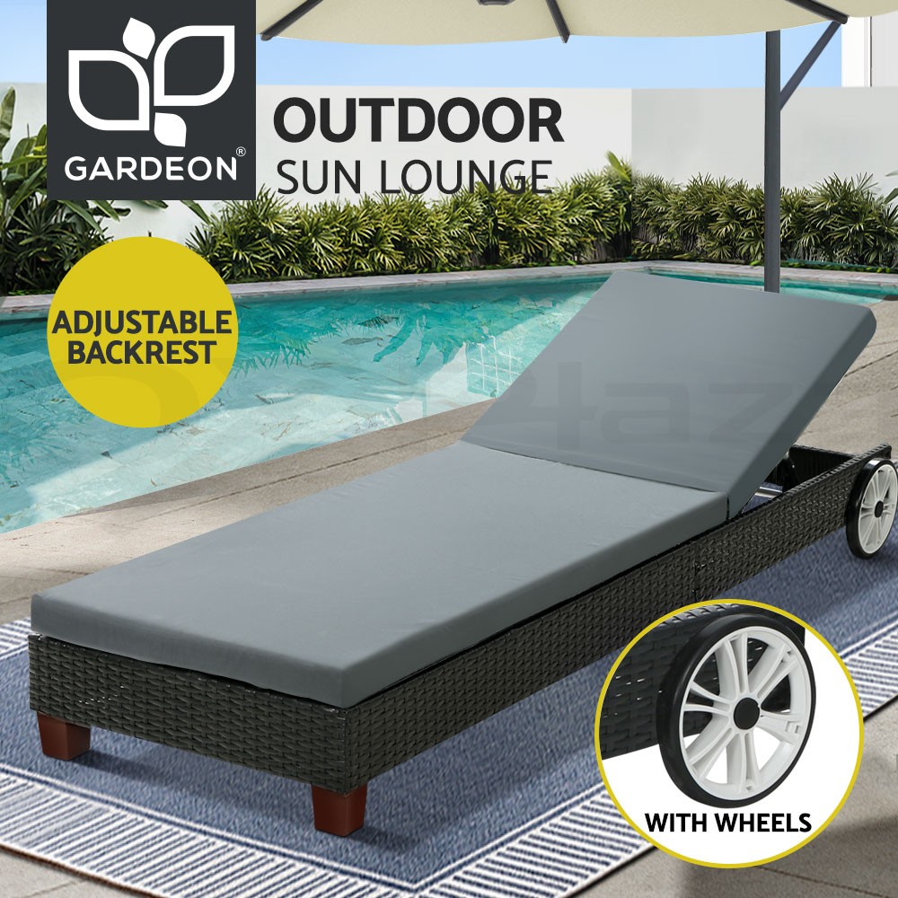 Gardeon Sun Lounger Wicker Outdoor Patio Black Wheels Adjustable Back 185cm