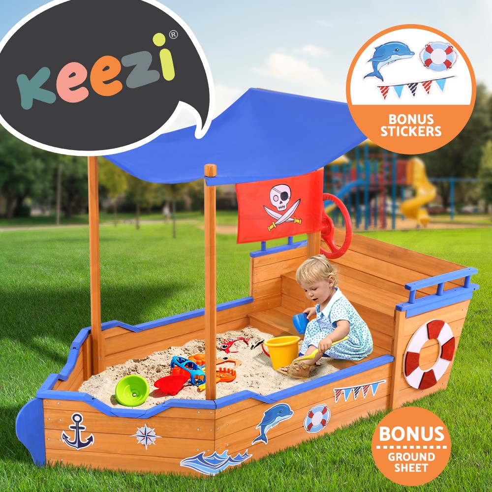 Keezi Boat Sandpit Canopy Wooden 80 x 165 x 102cm UV-protected Steering Wheel