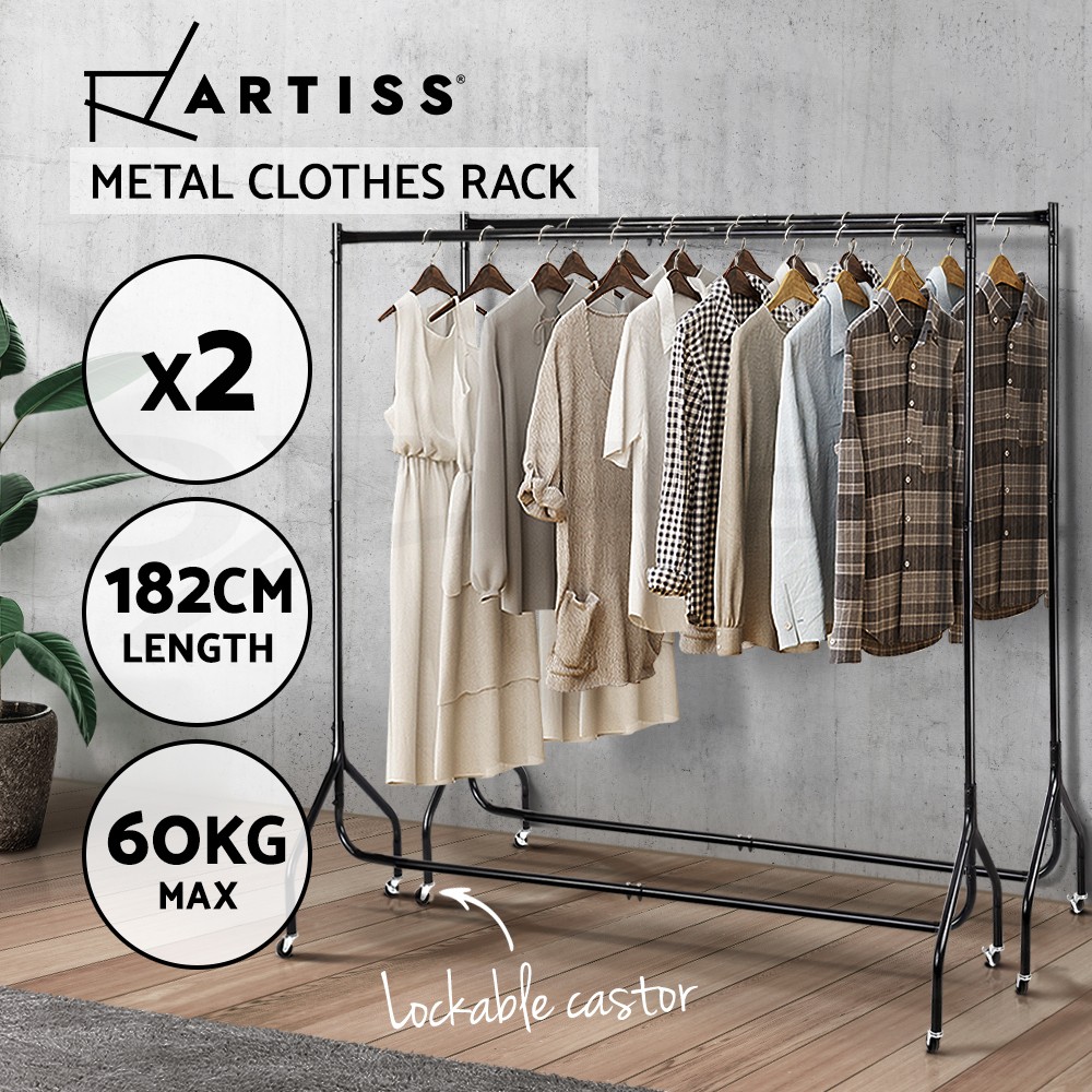 Artiss 2X Clothes Rack Metal Garment Rail 60kg Black 182cm Portable Wheels