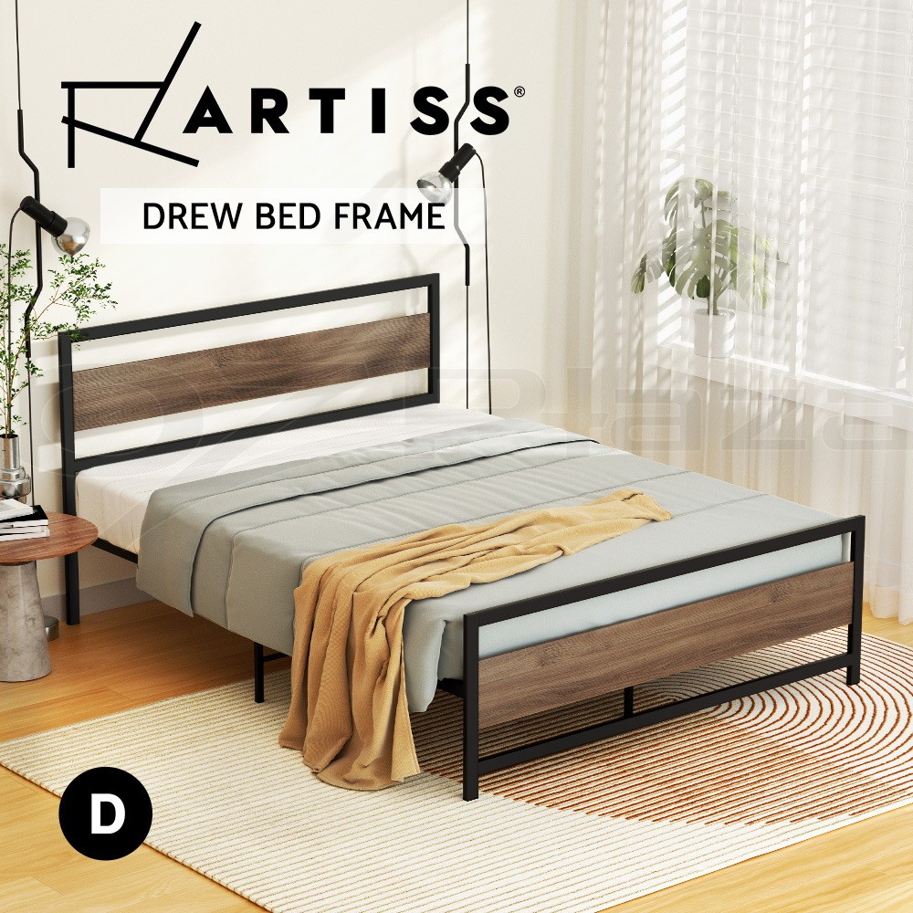 Artiss DREW Bed Frame Double Metal Headboard Powder-coated 300kg Walnut Black