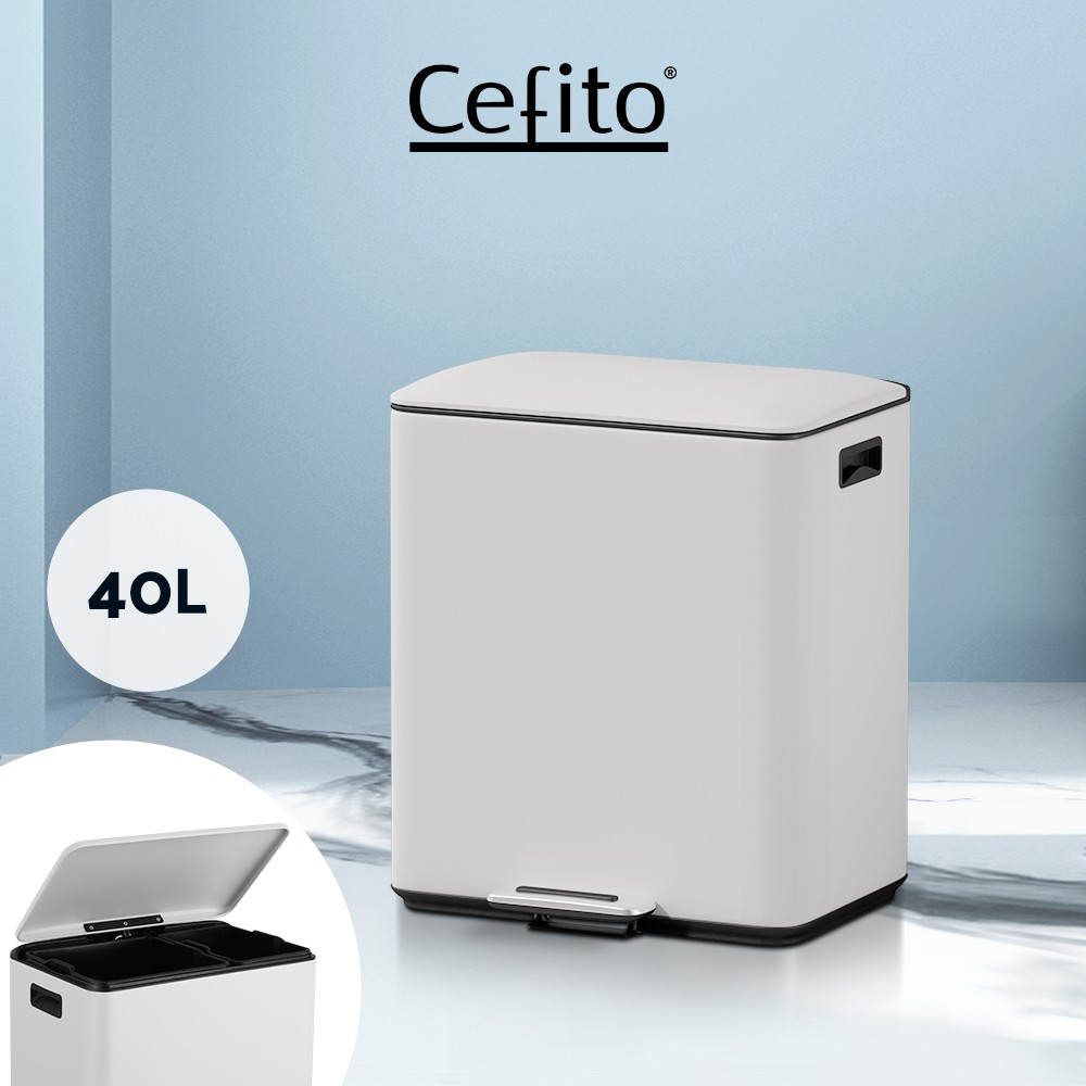 Cefito Pedal Bin Dual Compartment 40L White Soft Closing Stainless Pedal 15L 25L