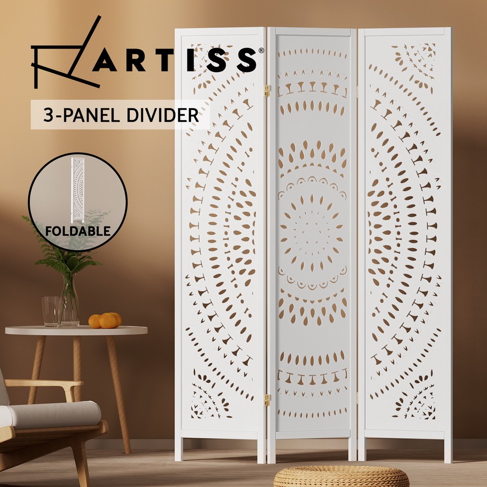 Artiss 3 Panel Room Divider Screen Privacy Foldable Pine Wood White 132cm 170cm