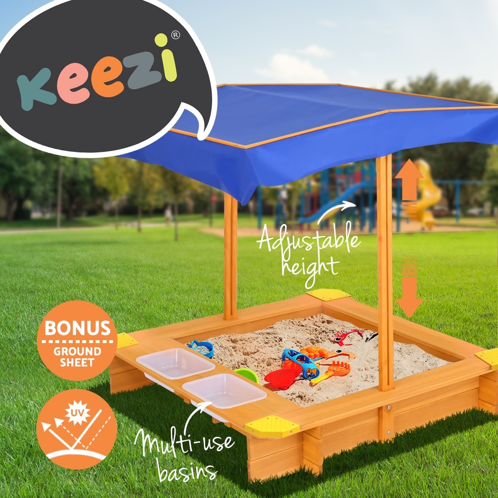 Keezi Canopy Sandpit Wooden Outdoor Water Pit Dual Plastic Basins UV-resistant