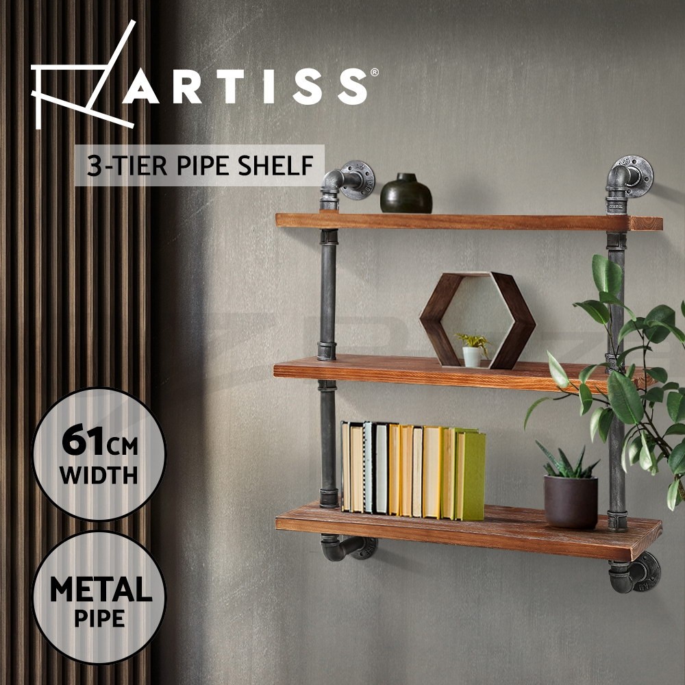 Artiss 3-Tier DIY Floating Wall Shelf Metal Pipe Wood Industrial Brown 61cm