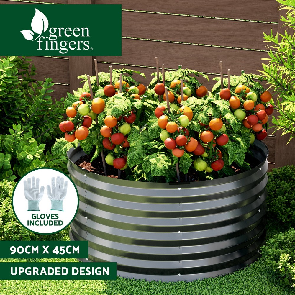 Green Fingers Raised Galvanised Garden Bed 90X45cm Steel Round Planter Box Grey