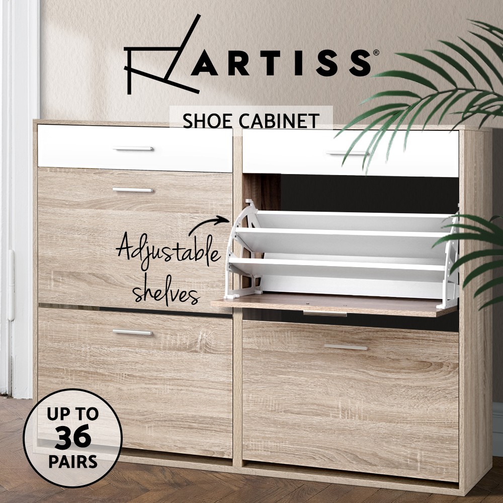 Artiss Shoe Cabinet 36 Pairs Adjustable Shelves 4 Cupboards 2 Drawers Wood White