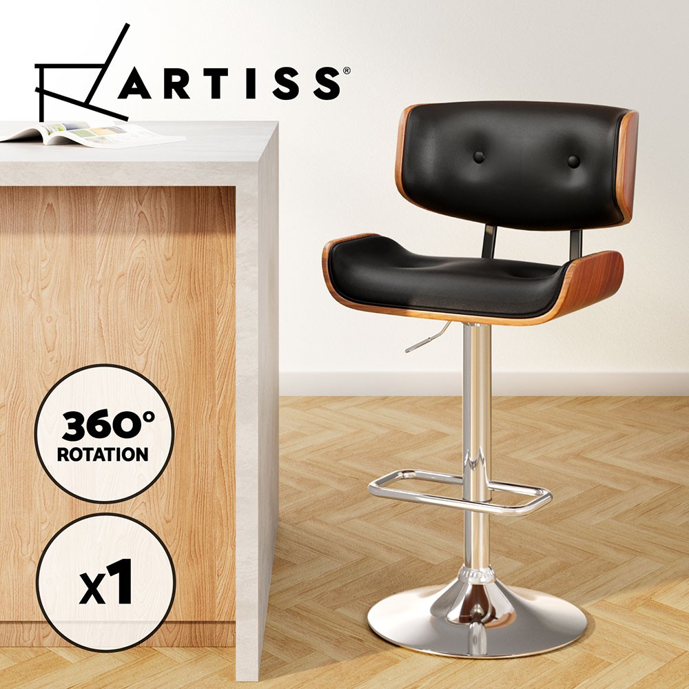 Artiss Bar Stool Gas Lift Swivel PU Leather Black Chrome 130kg BA-TW-8045-BK