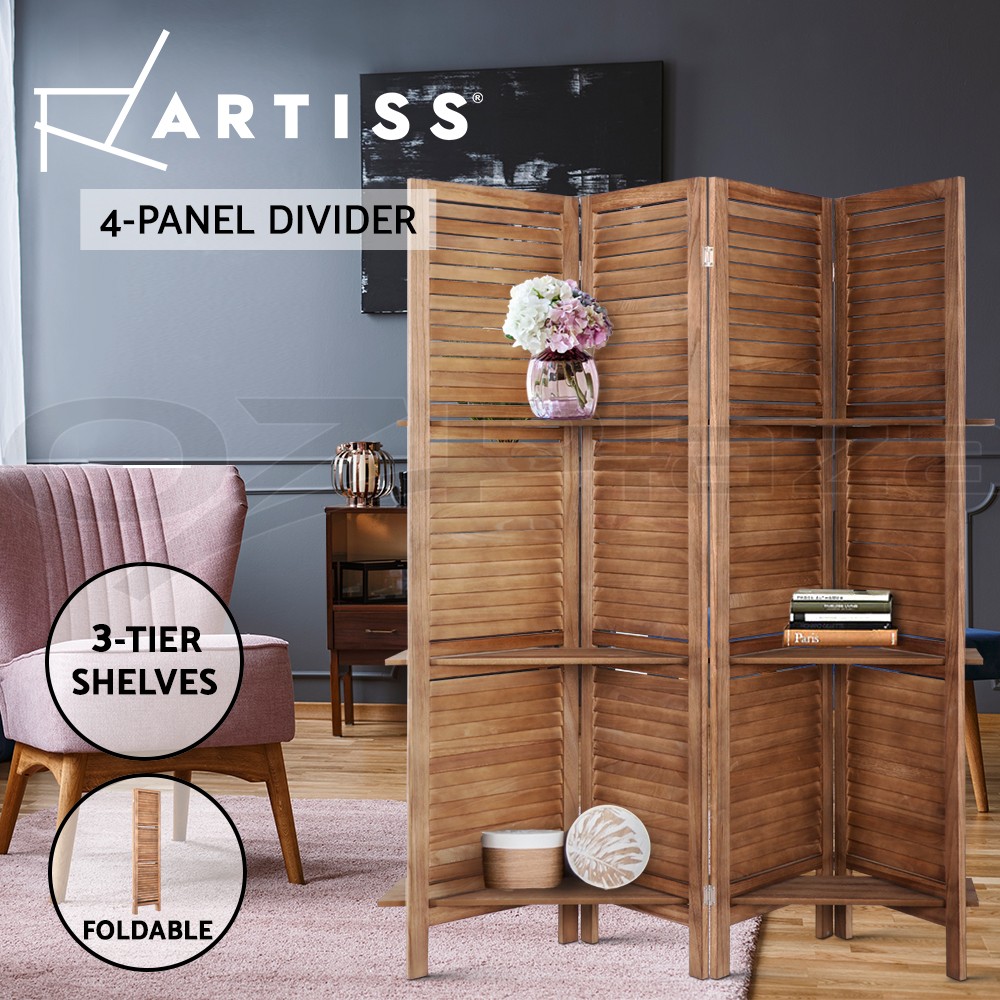 Artiss Room Divider Screen 4/8 Panel Folding Paulownia 170cm 3-tier Shelves