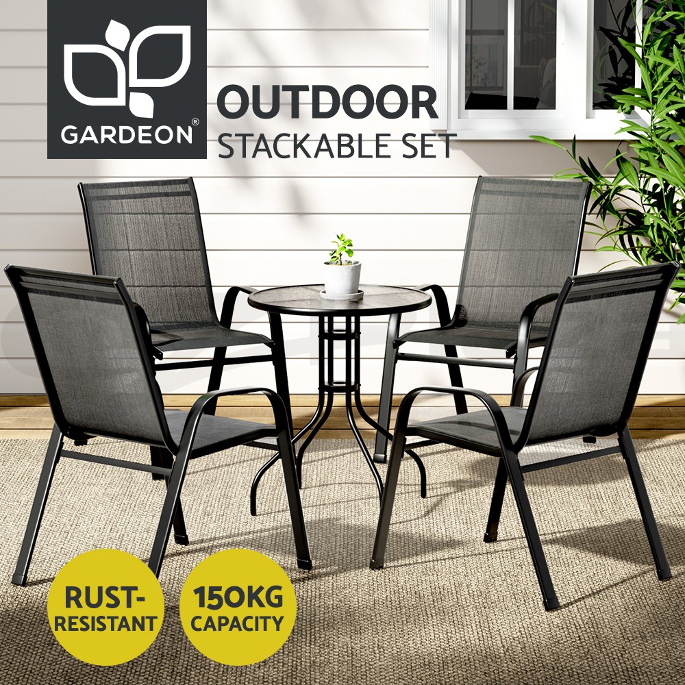 Gardeon Outdoor Furniture Table Chairs Stackable Black Steel Model 1-3PC SET