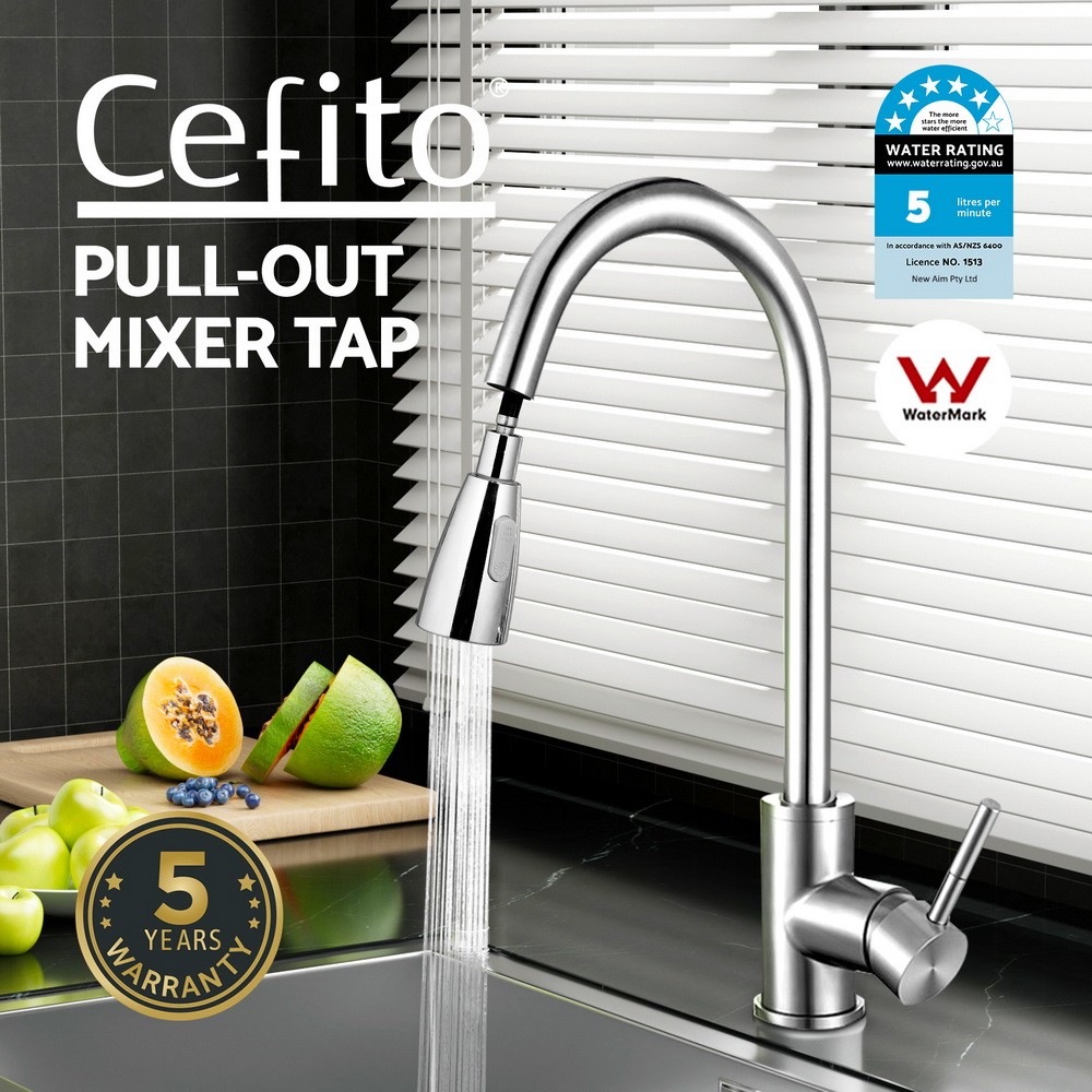 Cefito Kitchen Mixer Tap Pull-Out 2 Mode Chrome Brass Swivel Spout WELS 5-star