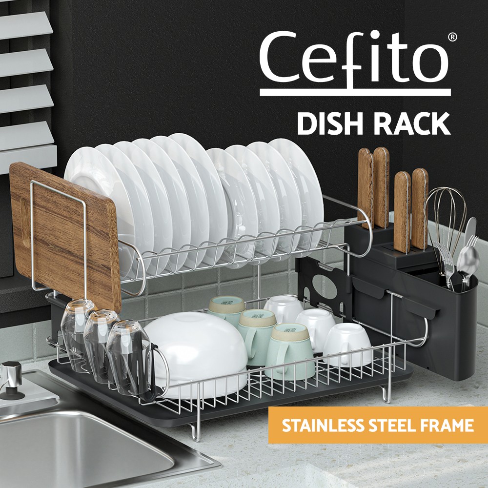 Cefito 2-Tier Dish Rack Drying Drainer Cup Holder Cutlery Tray Black Plastic