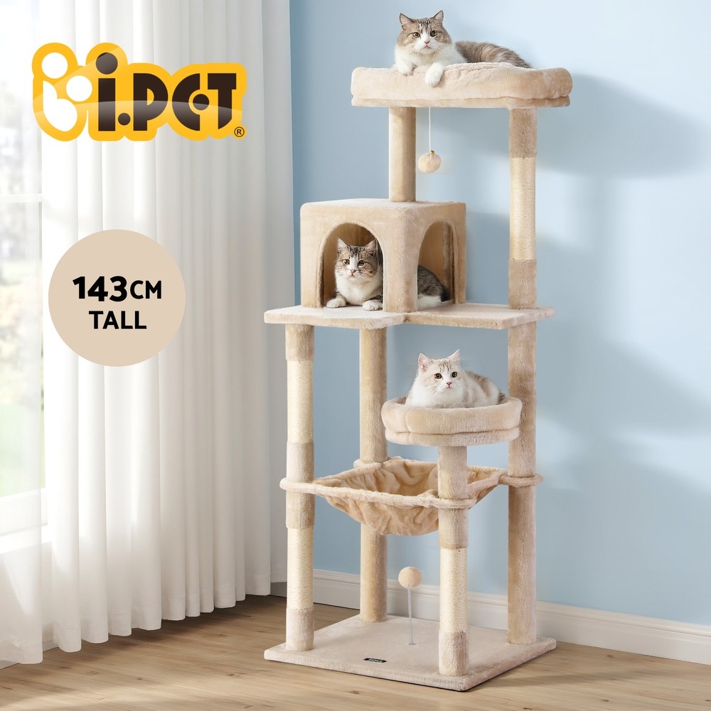 i.Pet Cat Tree 143cm Multi-level Scratching Post Plush Beige Condo House 20 kg