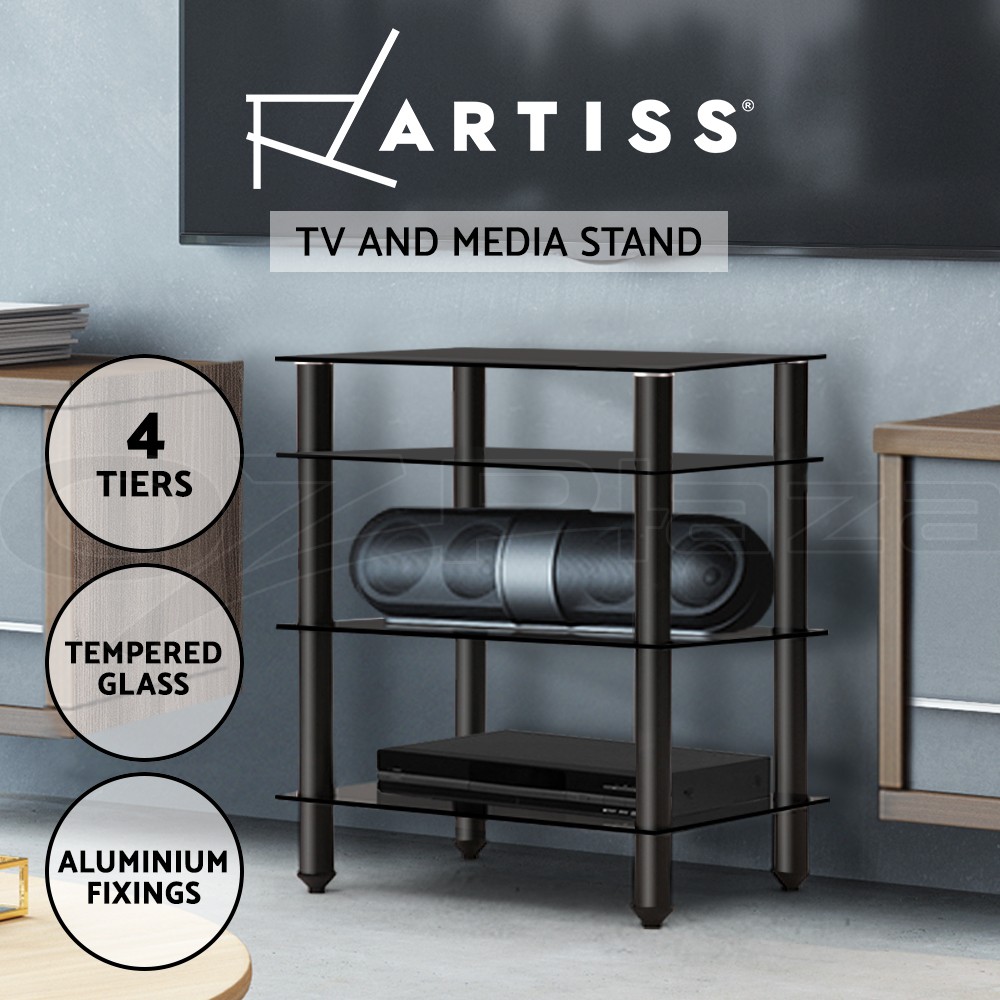 Artiss TV Stand Entertainment Unit 4 Tiers Black Tempered Glass HiFi Ventilated