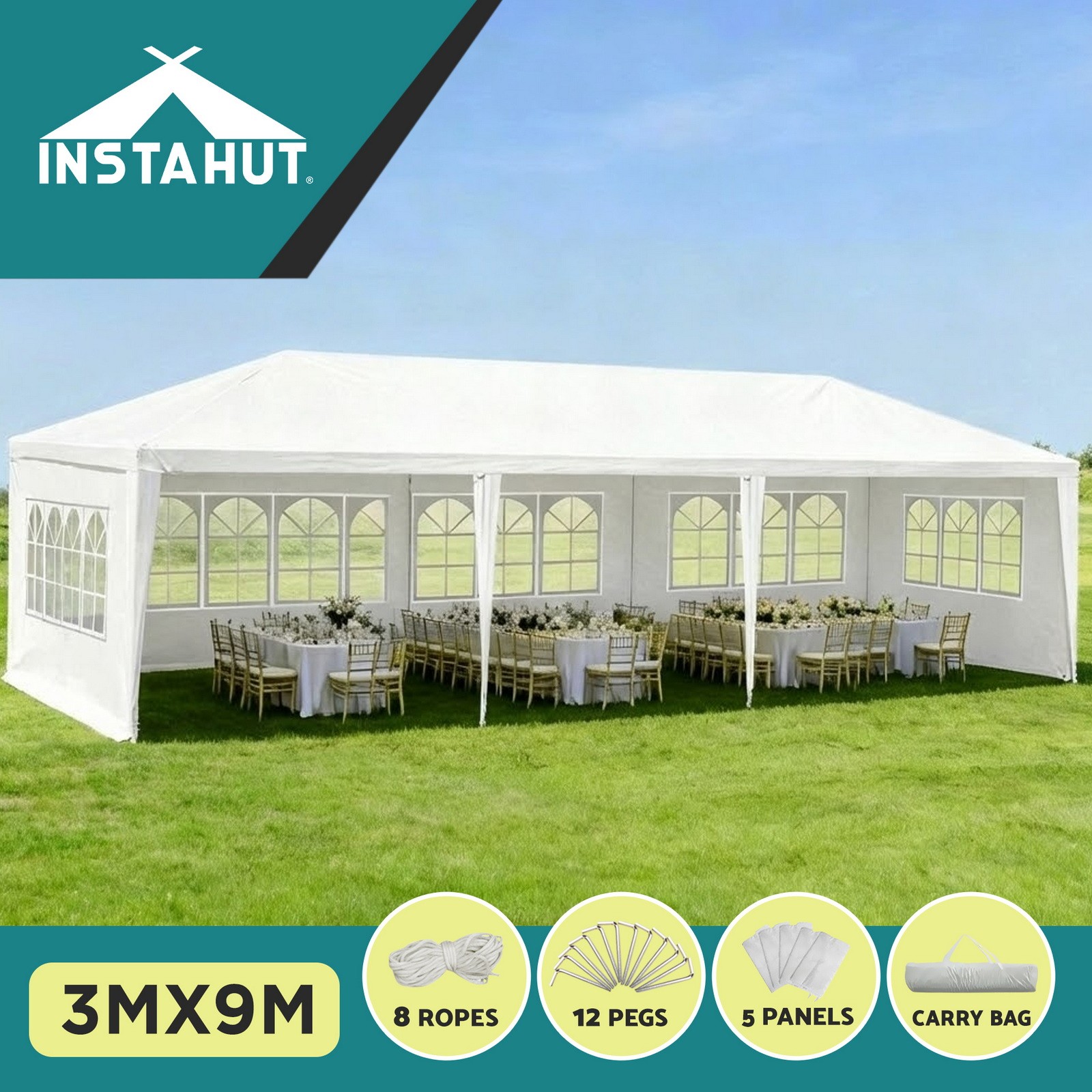 Instahut Marquee Gazebo 3x9m Wedding Party Tent White Outdoor Side Wall PE Steel