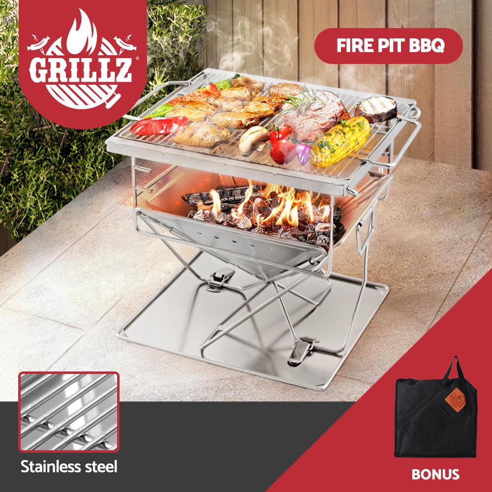 Grillz Fire Pit Portable Stainless Steel Height-adjustable Grill Wood Charcoal