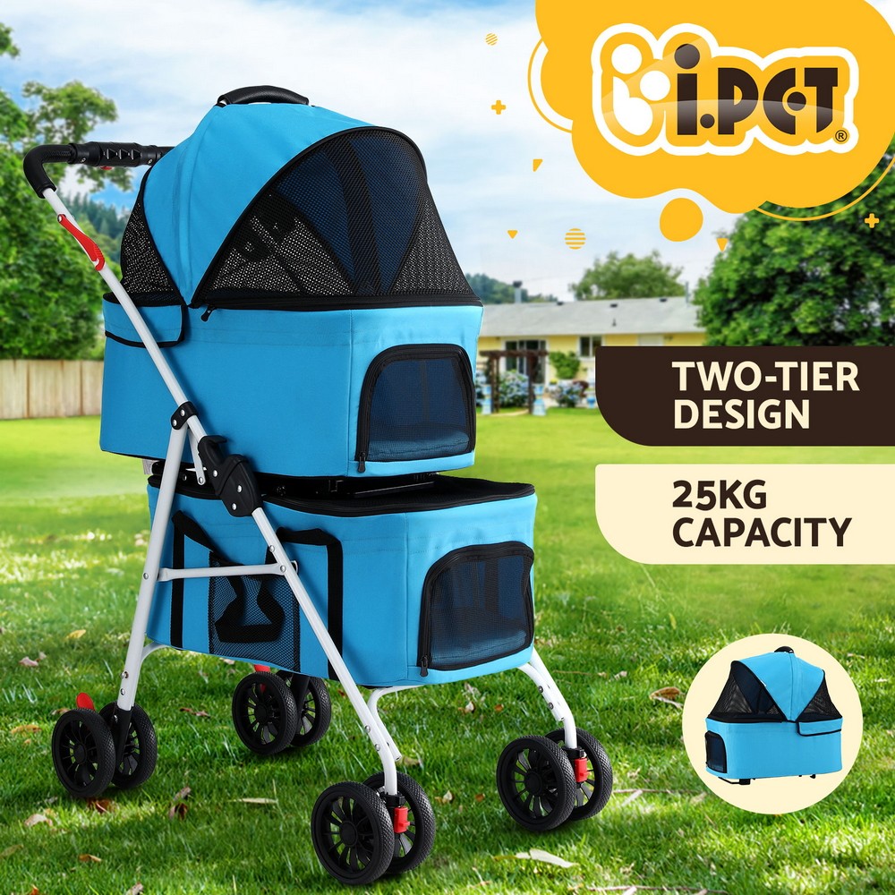 i.Pet Pet Stroller Dog Cat Carrier 3-in-1 Two-tier Foldable Blue 25kg EVA Wheels