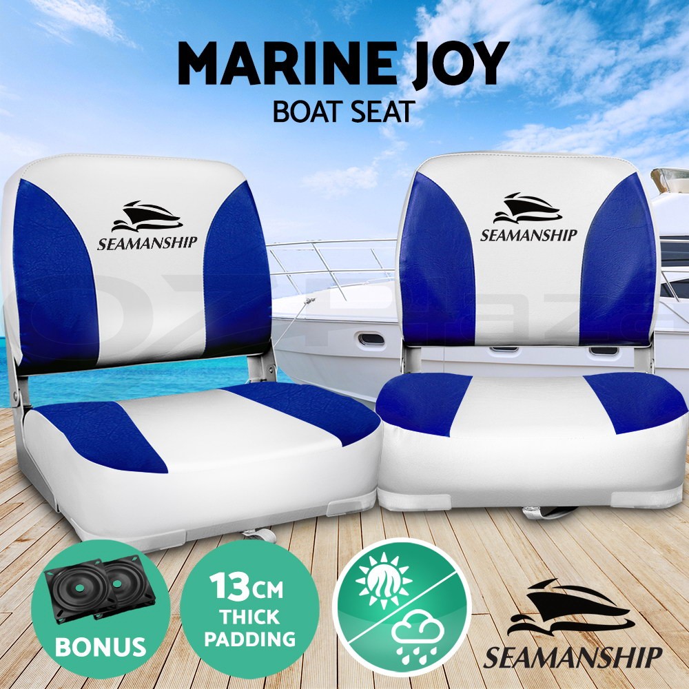 Seamanship 2X Folding Boat Seats Swivel Base Blue White UV Resistant PVC 13cm