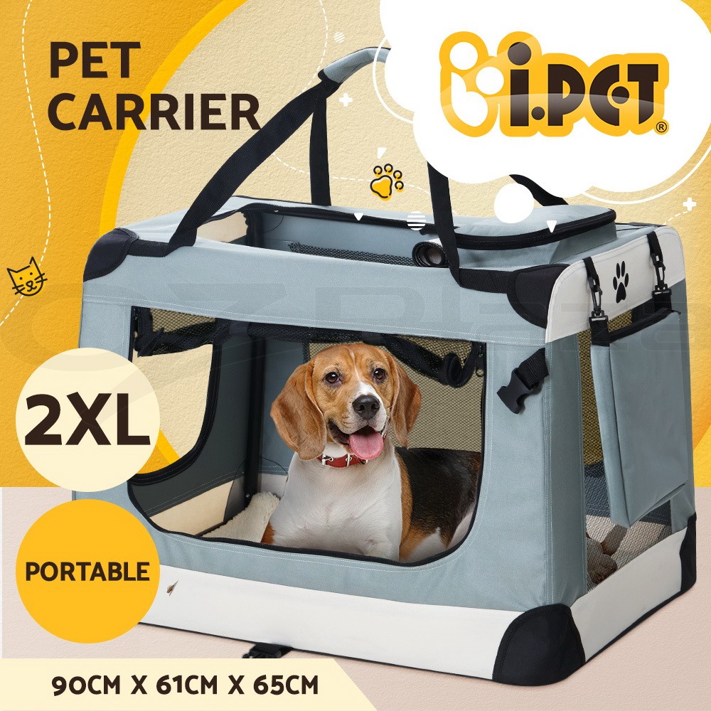 i.Pet Soft-Sided Dog Crate Travel Foldable 2XL Light Grey 600D Oxford Mesh Steel