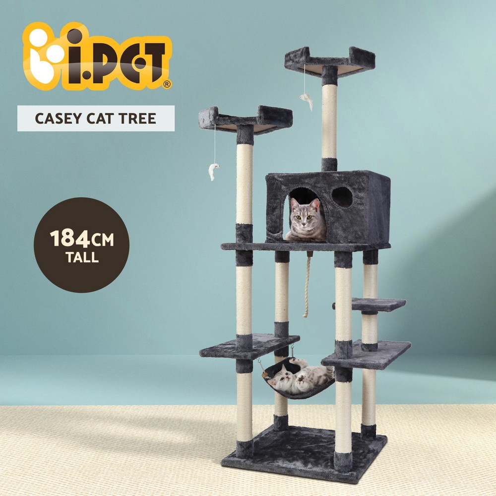 i.Pet Cat Tree Tower 184cm Multi-level Scratching Post Grey Plush Hammock Bed
