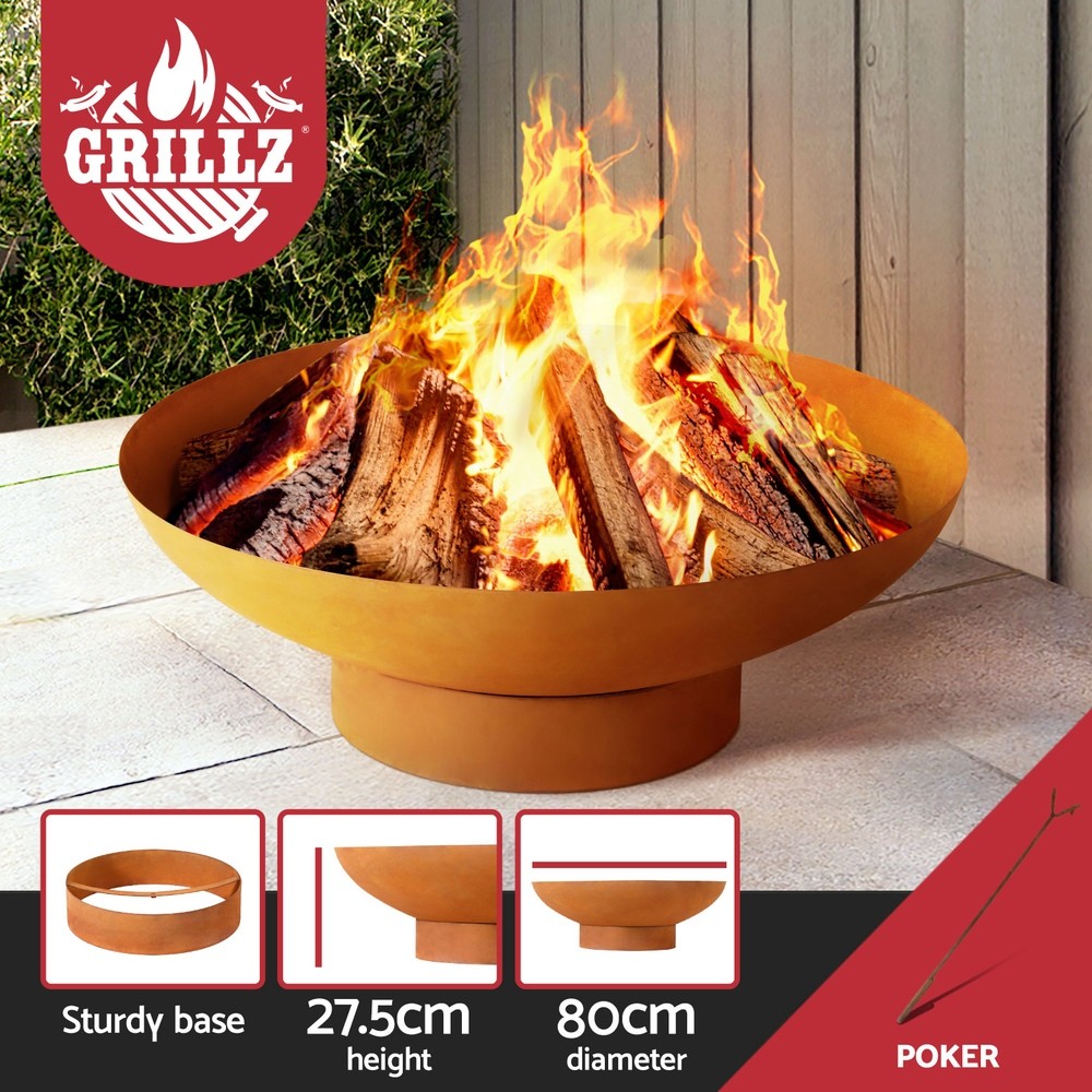 Grillz 80cm Fire Pit Bowl Iron Wood Burner Rustic Rust Outdoor Campfire Poker