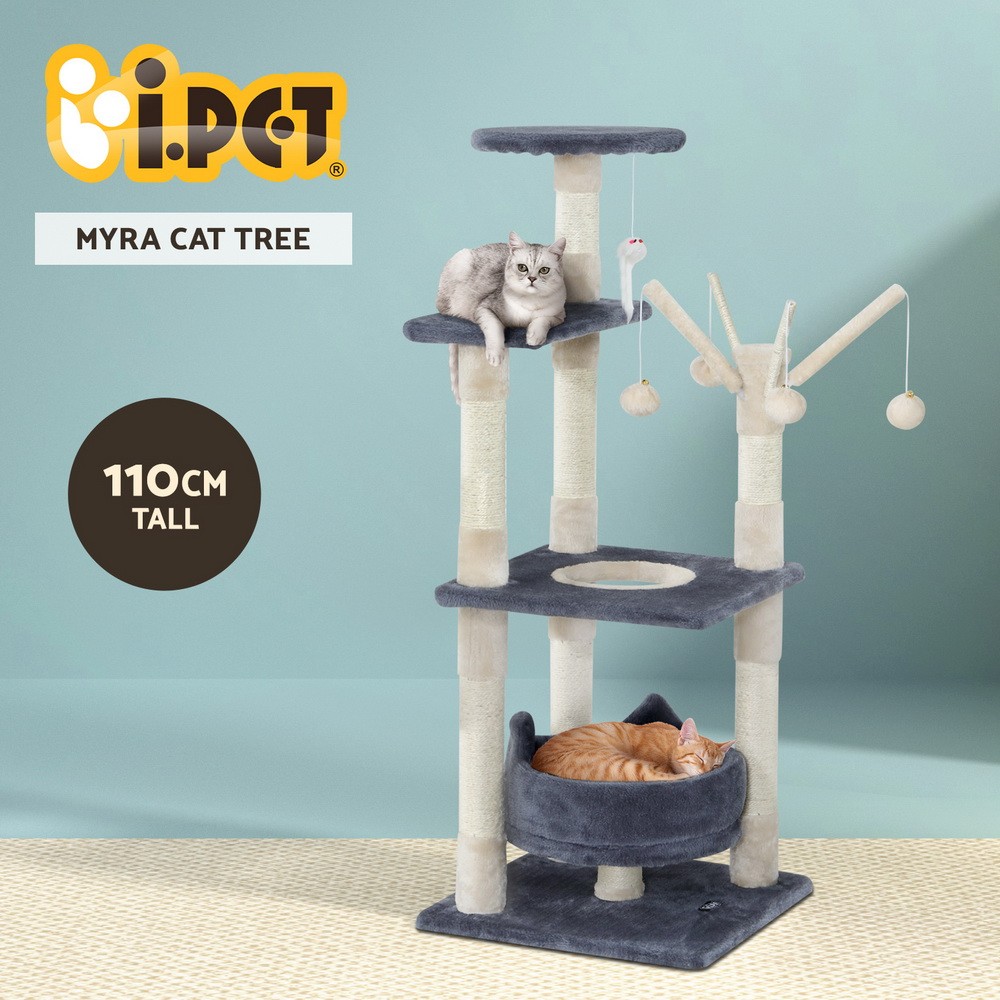 i.Pet Cat Tree Tower 110cm Grey Sisal Scratching Post Plush Cover Multi-level