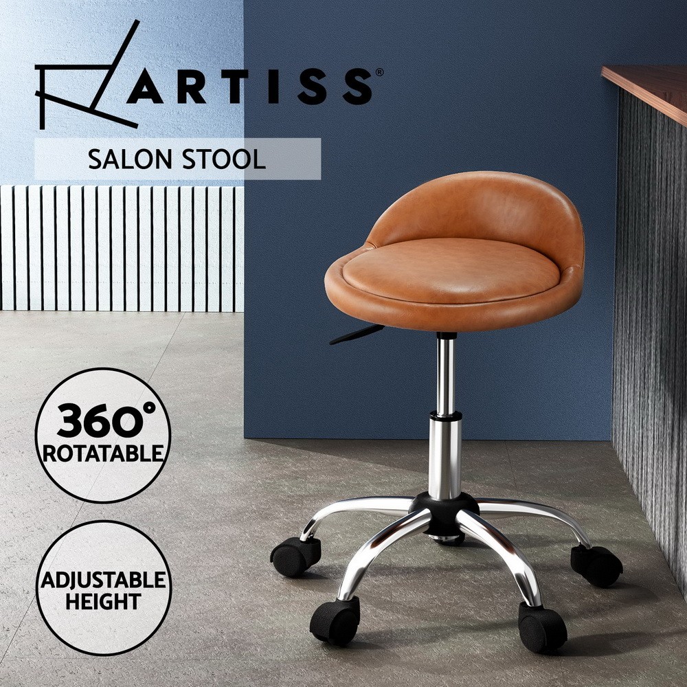 Artiss Salon Stool Swivel Brown PVC Leather Adjustable Height Backrest Footrest