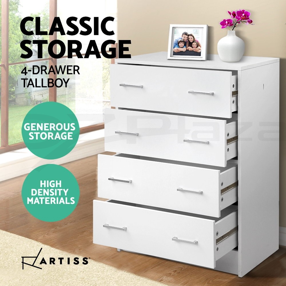 Artiss 4-drawer Tallboy Dresser White Cabinet 64cm 40cm 89cm Particle Board
