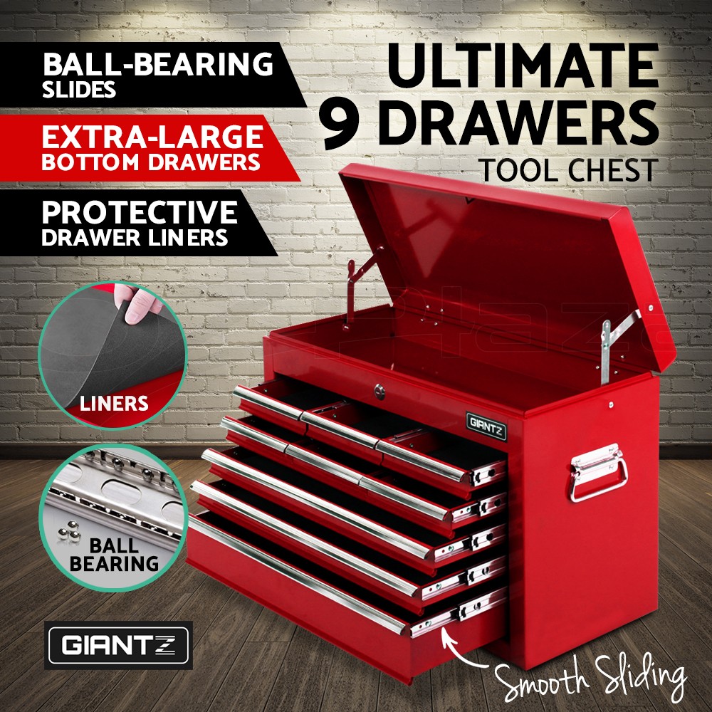Giantz 9 Drawer Toolbox Chest Cabinet 75kg Steel Bearing Slides Black Storage