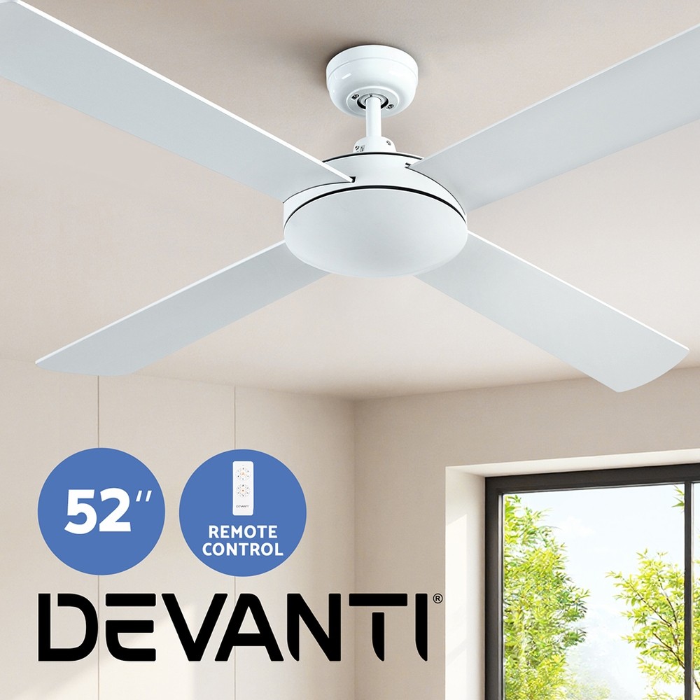 Devanti 52-inch Ceiling Fan DC Motor 4 Wooden Blades Remote Timer White Reverse