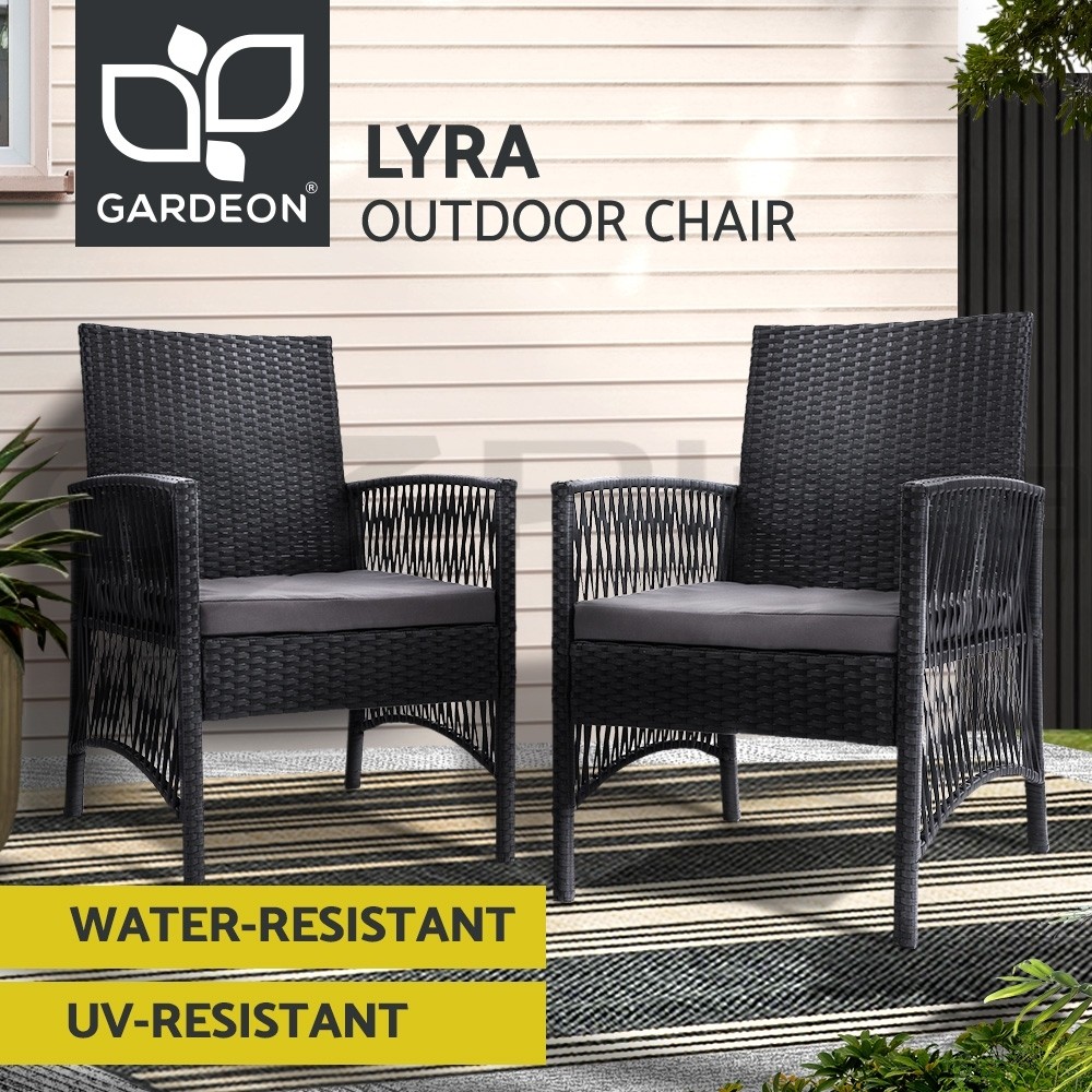 Gardeon Lyra 2PC Outdoor PE Wicker Bistro Garden Chairs Black Cushion Included