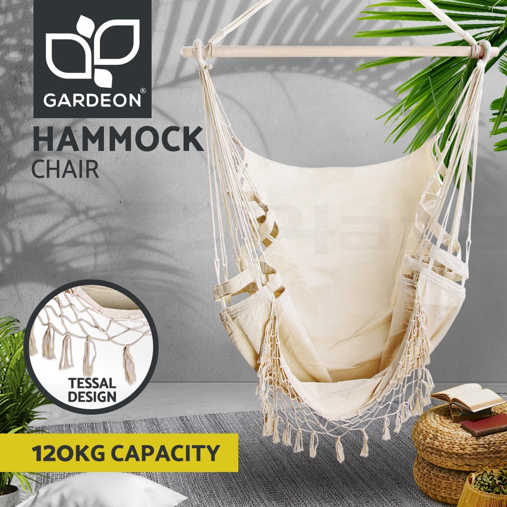 Gardeon Hammock Chair Outdoor Hanging Swing Cream 120kg Polyester Cotton 150 cm