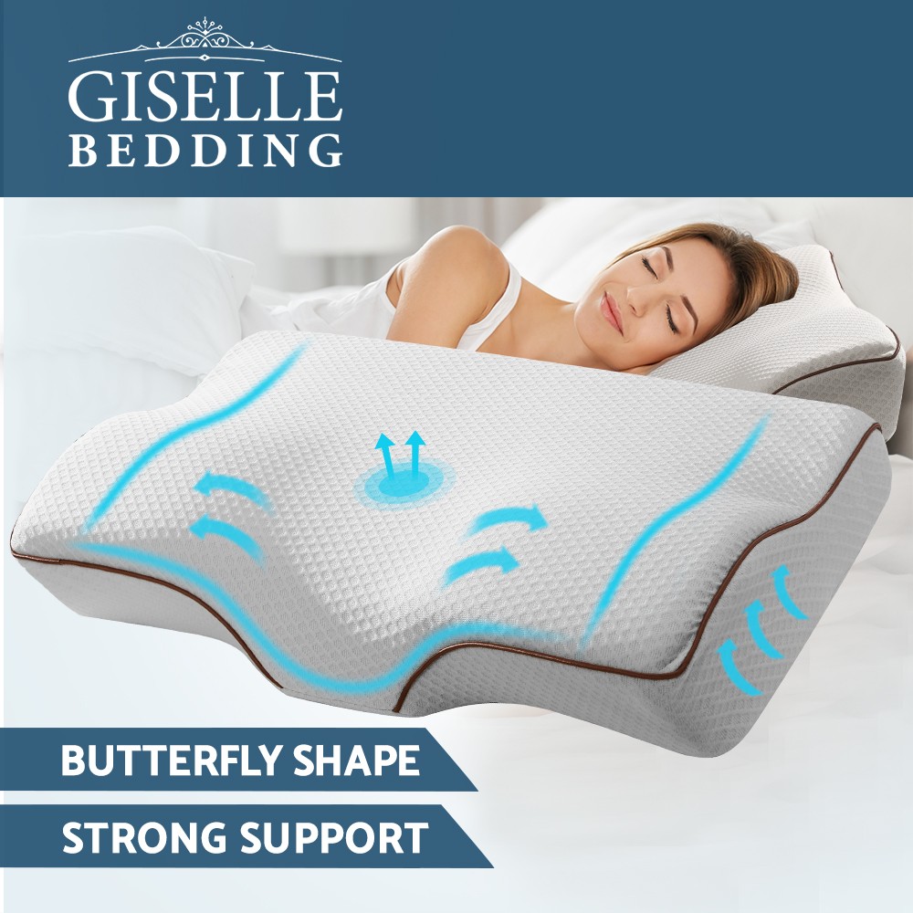 Giselle Bedding Memory Foam Pillow Butterfly Neck Cervical Support Grey 60cm