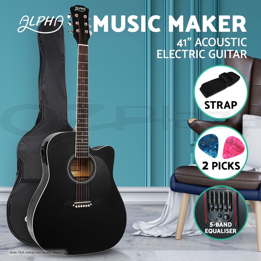 Alpha 41 Inch Electric Acoustic Guitar Dreadnought 5-Band Black Pickup Gig Bag