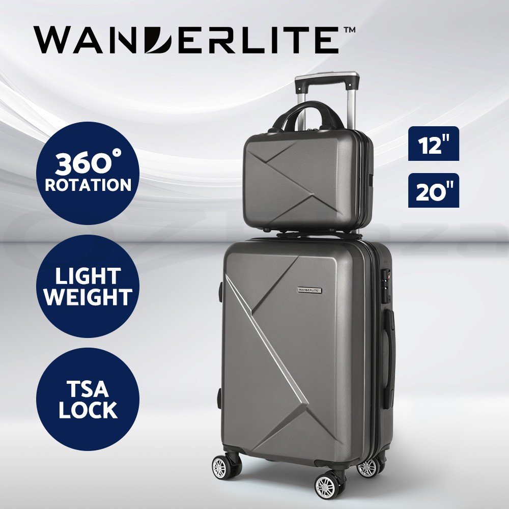 Wanderlite 2pc Luggage Trolley Suitcase Set 12 20 Carry On TSA Lock Dark Grey