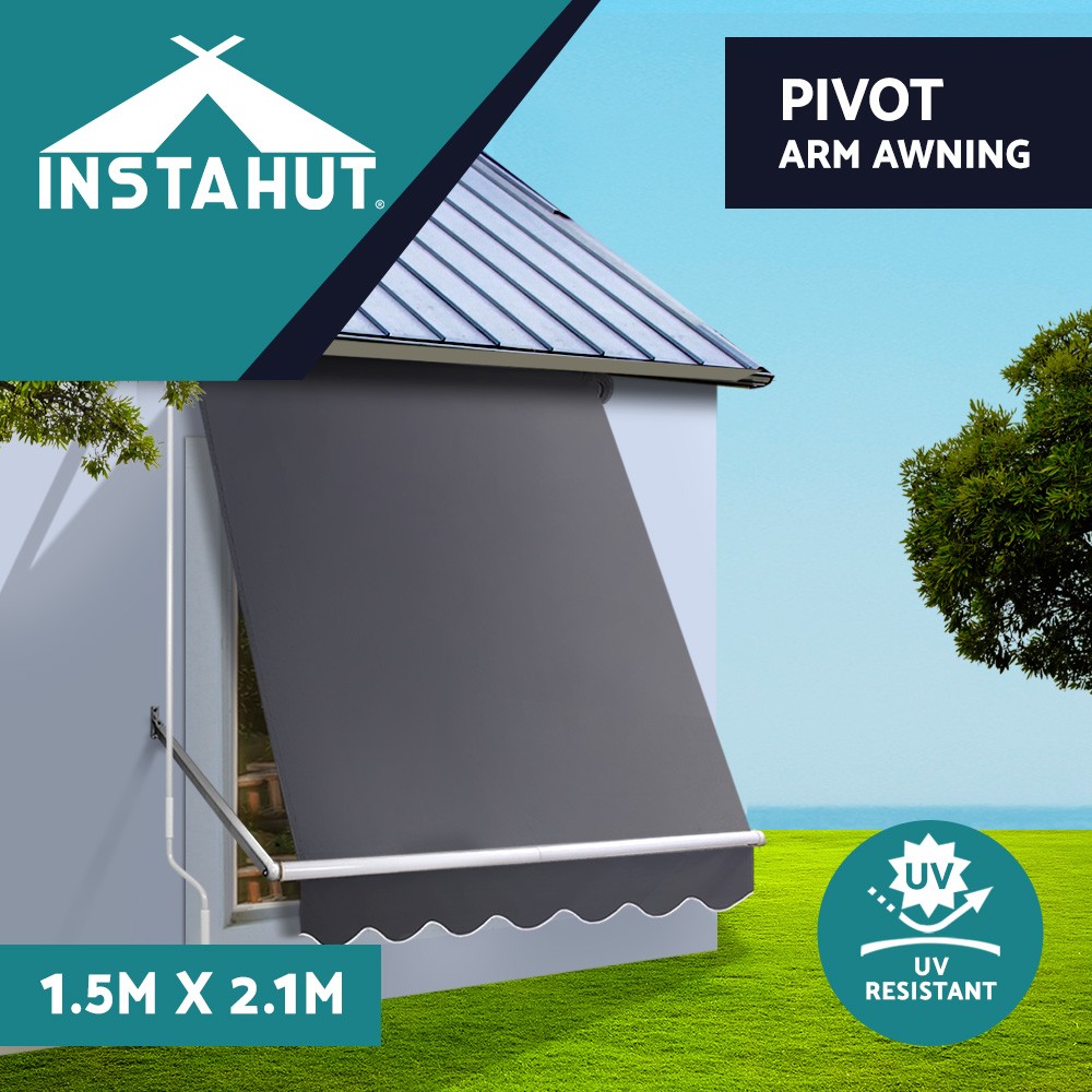 Instahut Retractable Pivot Arm Window Awning Aluminum Frame Grey 2.1m X2.1m