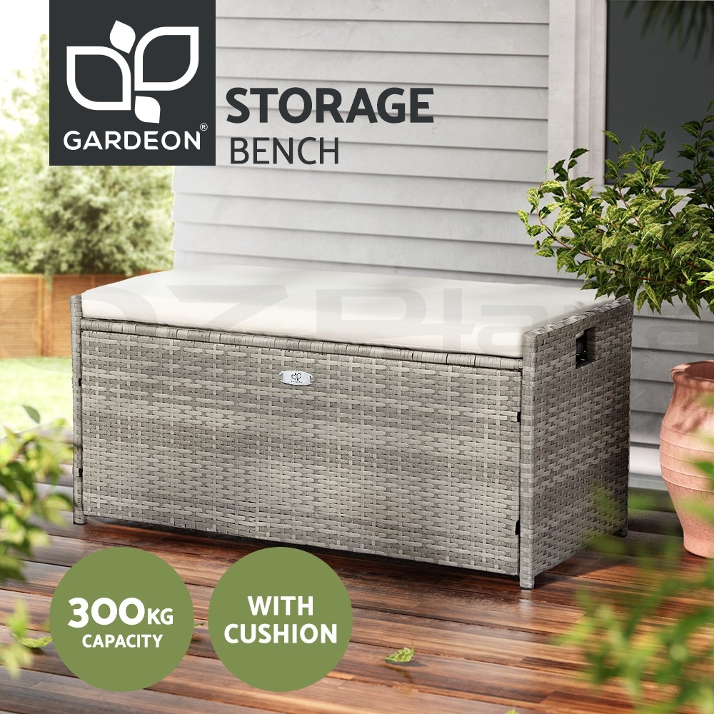 Gardeon Outdoor Storage Bench Wicker Cushion 102L Steel Frame 300kg. Grey/Black