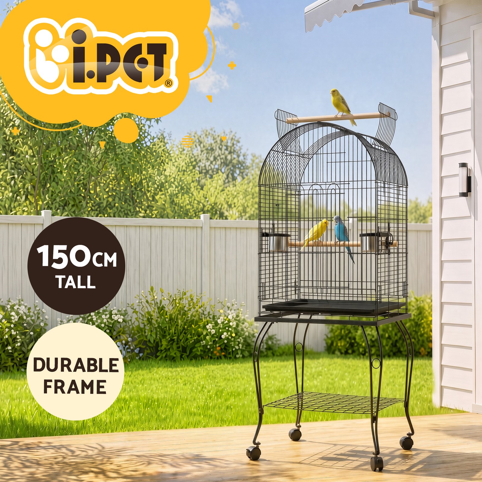I.PET Dome Top Bird Cage 150cm Large Parrot Aviary Wrought Iron Wheels Black