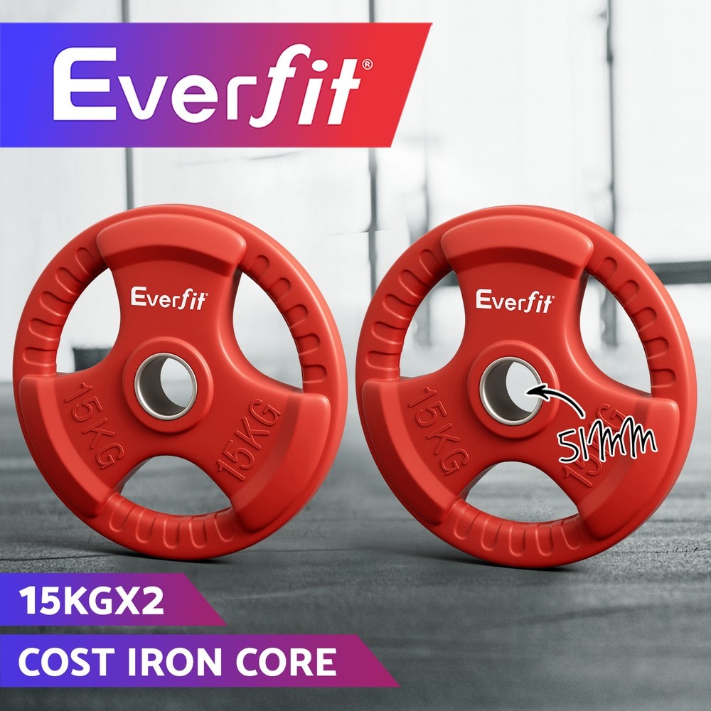 Everfit Olympic Weight Plates 15kgx2 Cast Iron Rubber Red 50.6mm Barbell