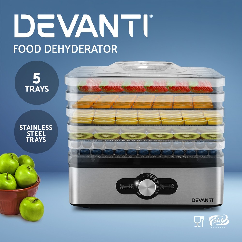 Devanti Food Dehydrator 5 Trays Stainless Steel Fruit Jerky Dryer Silver 35-70