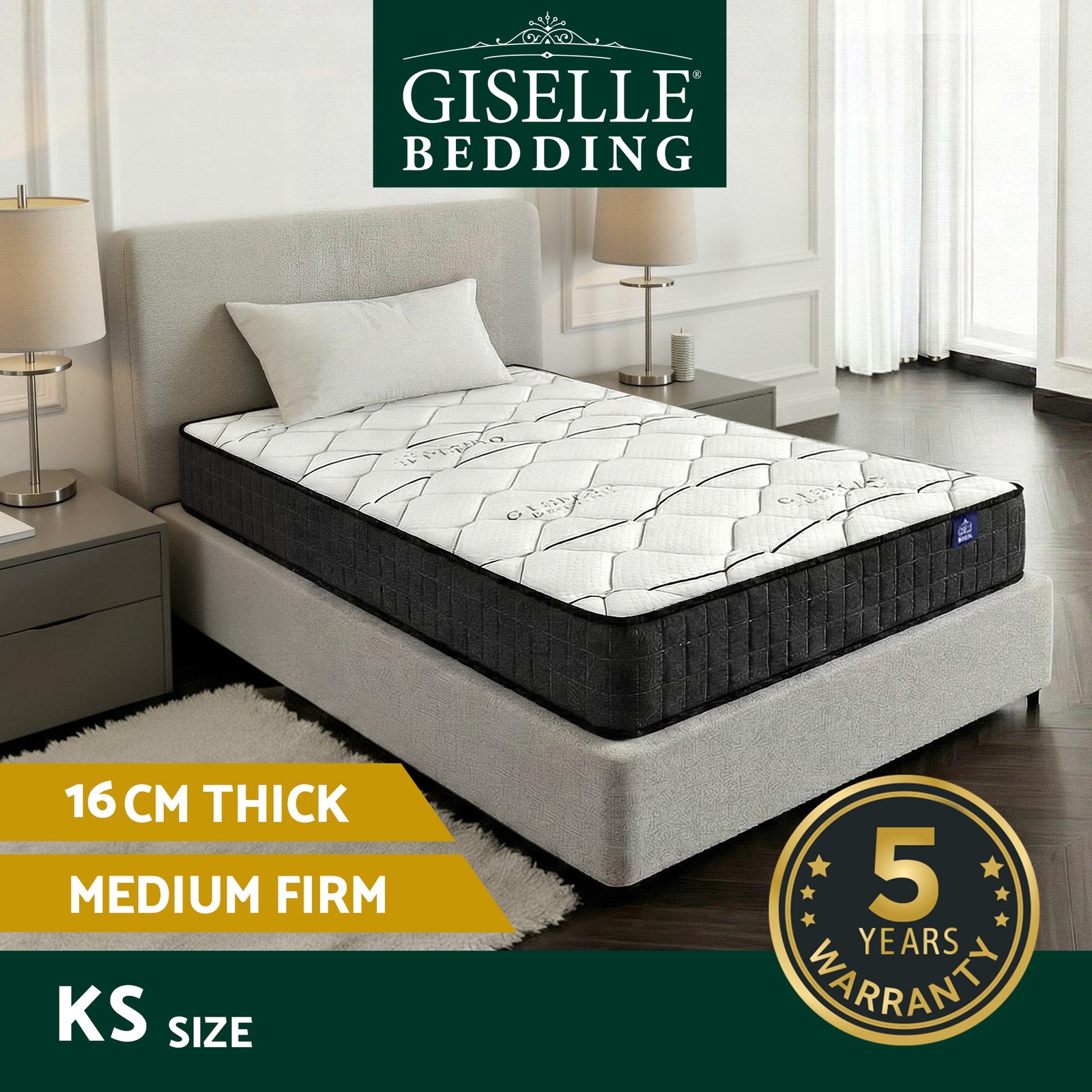 Giselle Bedding Glay King Single Mattress 16cm Medium Firm Bonnell Spring 203cm