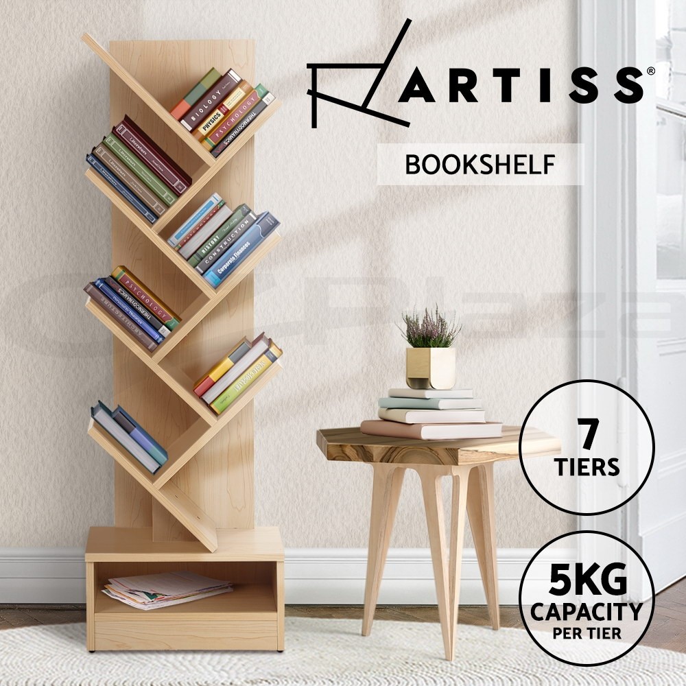 Artiss Tree Bookshelf 7-Tier Free Standing Bookcase Natural 124cm Particle board