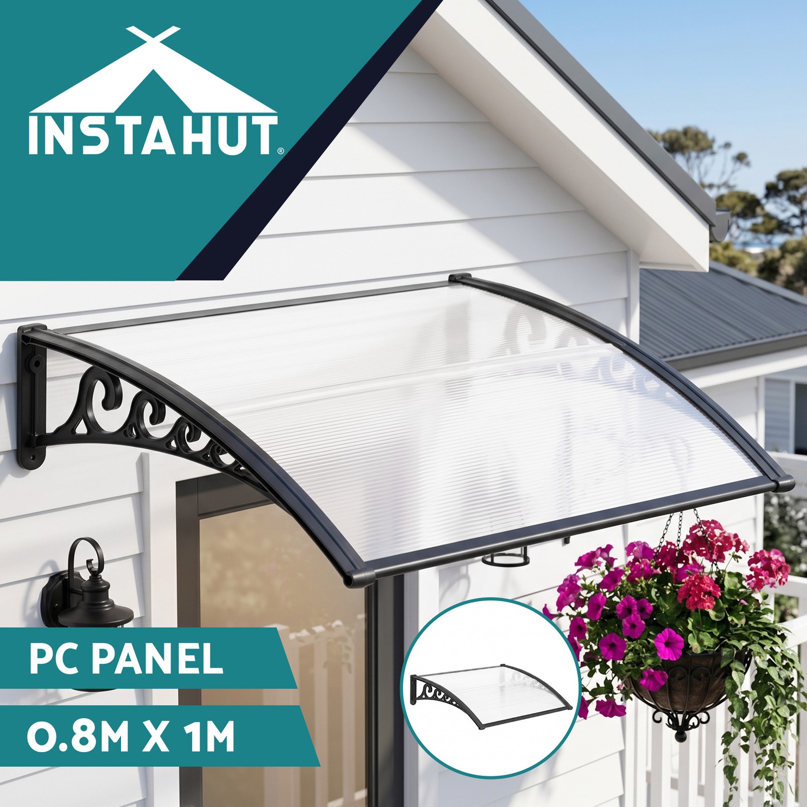 Instahut Window Door Awning 0.8mx1m Transparent Hollow PC Panel UV Resistant