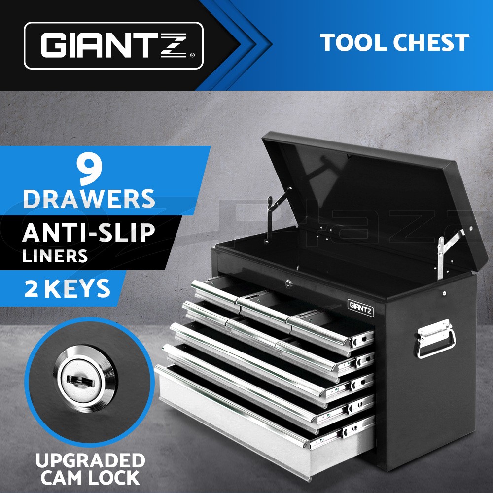 Giantz 9 Drawer Chest Cabinet Toolbox Trolley Black/Grey Steel Bearing Slides