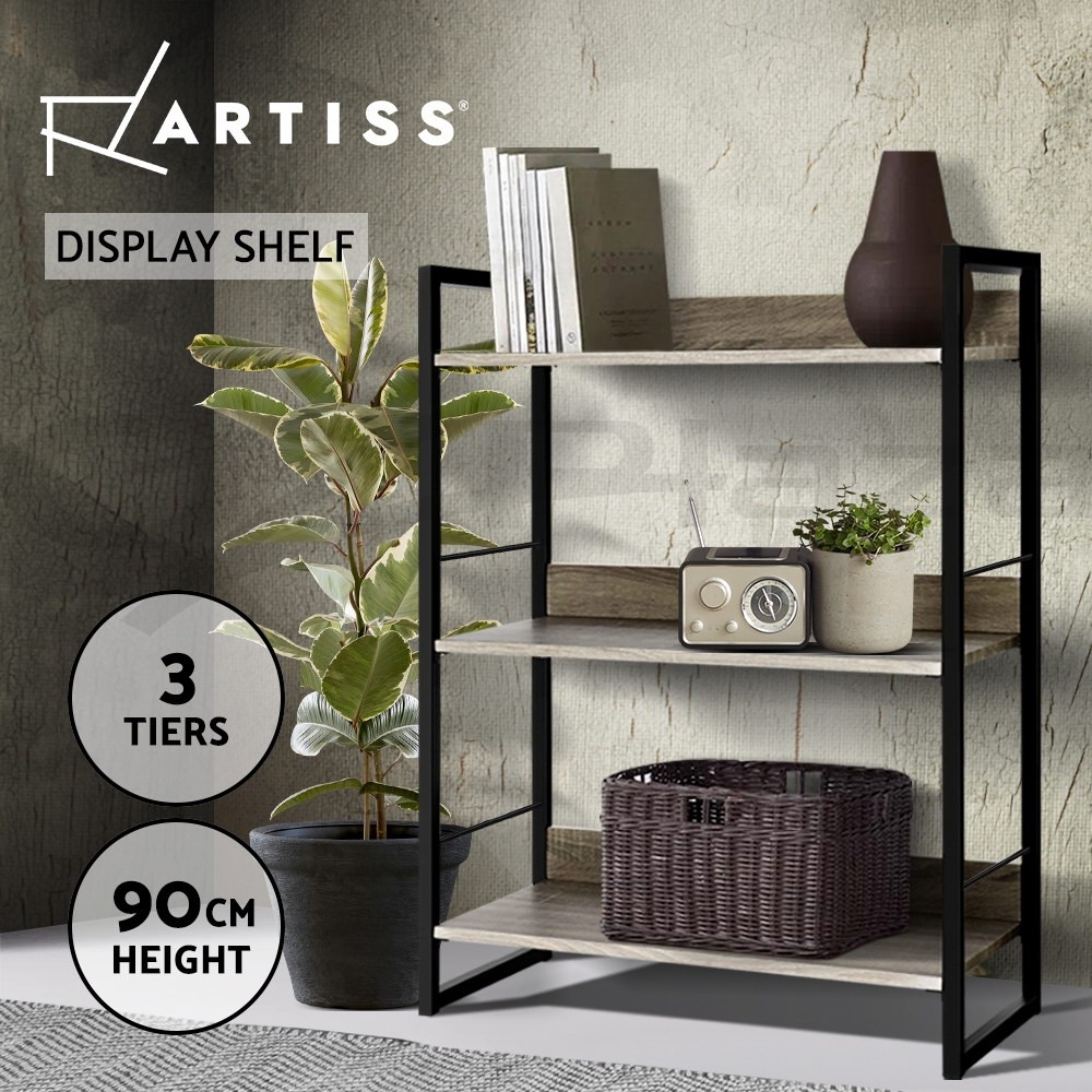 Artiss 3 Tiers Display Bookshelf Metal Wood Black Oak Grain 90 cm 70.5 cm 45 KG