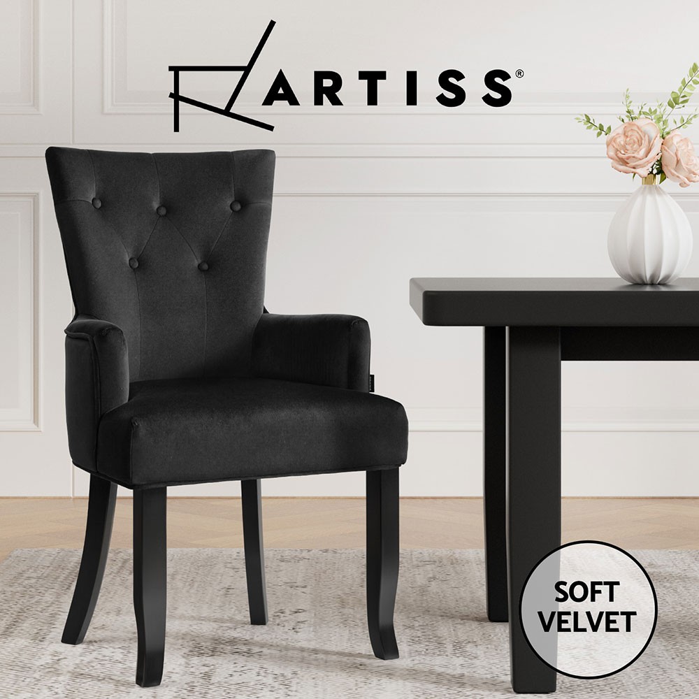 Artiss Cayes Dining Chair French Provincial Velvet Black Tufted Rubber wood legs