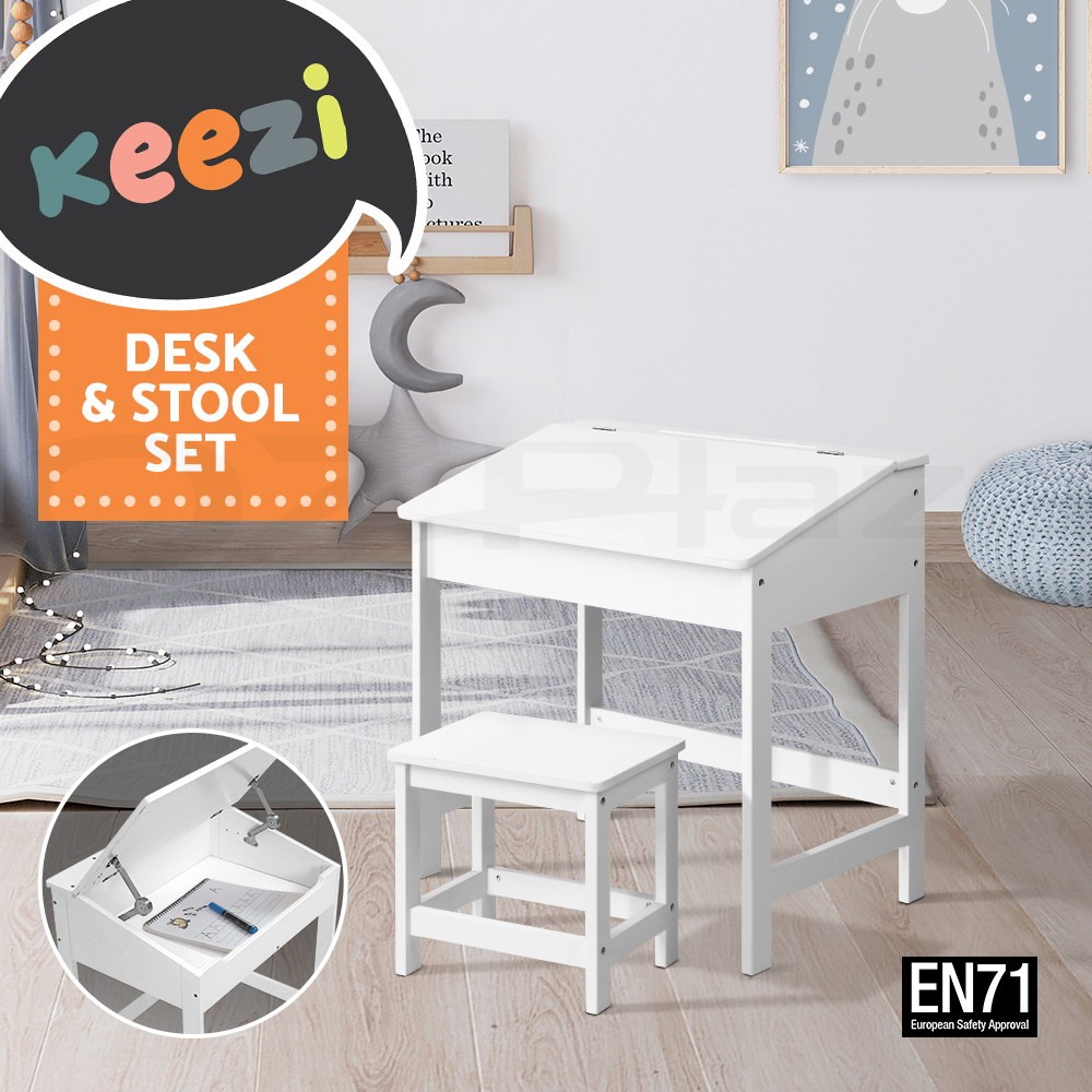 Keezi Kids Lift-Top Desk Stool Set White MDF Storage Compartment Stationery E1