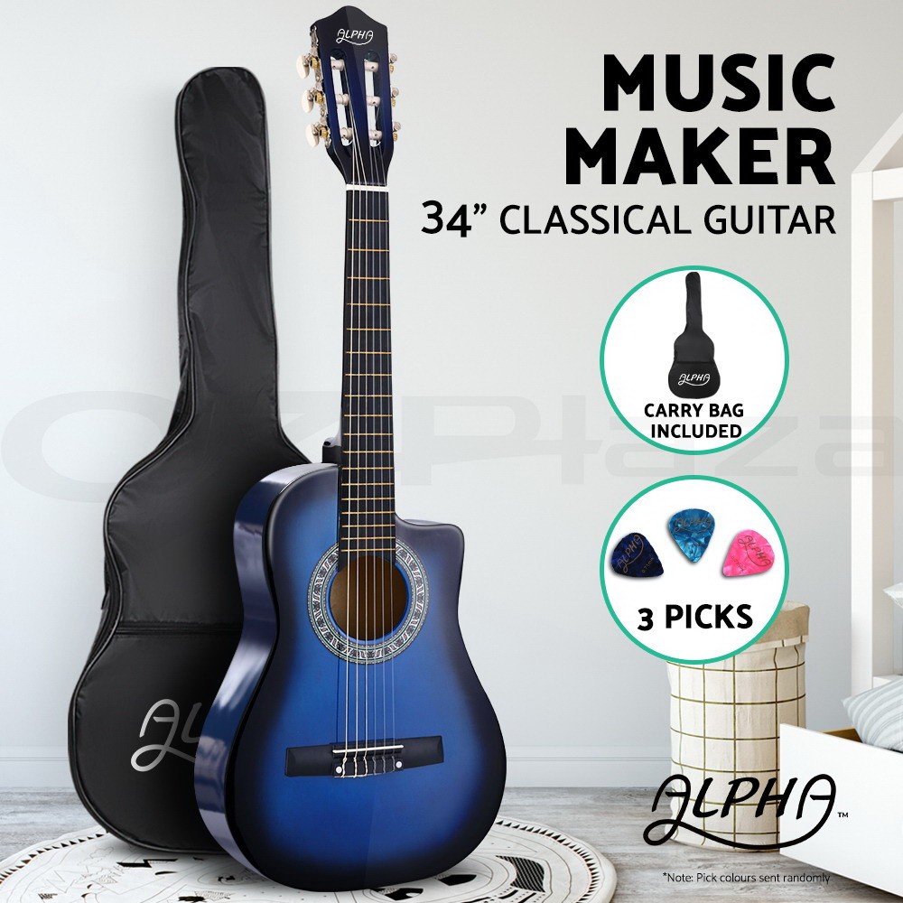 Alpha Classical Acoustic Guitar 34 Inch Blue Nylon String Beginner Kids Carry